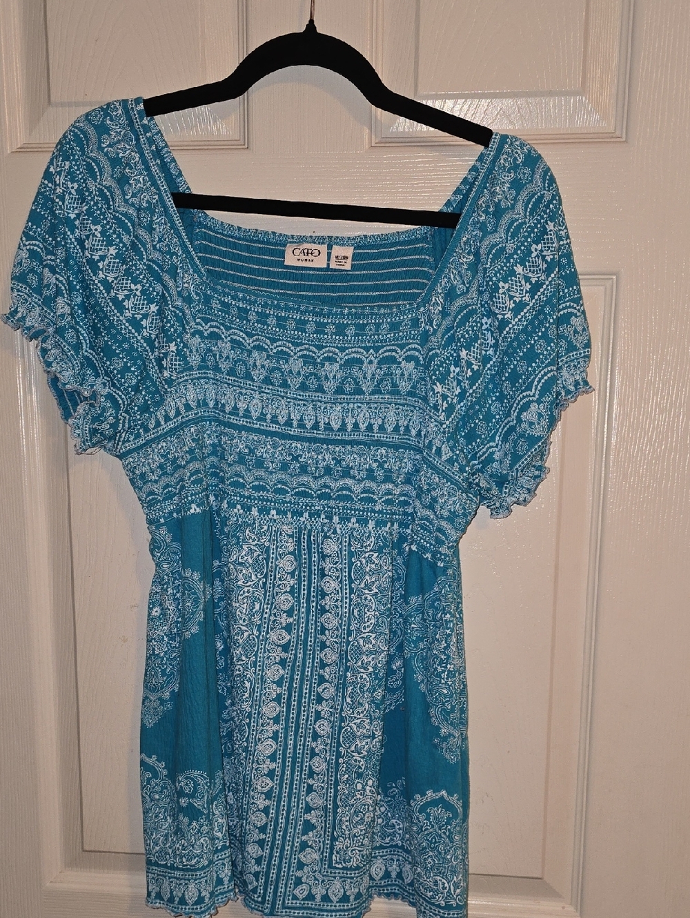 Cato Teal andβ White Printed Square-Neck Tunic